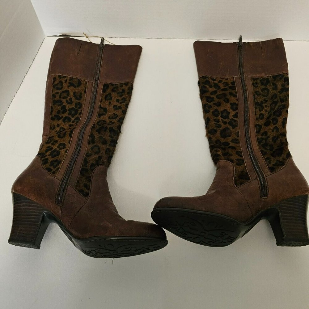 Born Brown Boots Knee High Zip Leopard Print Pony Hair Women Size 9 1/2 - Picture 11 of 16